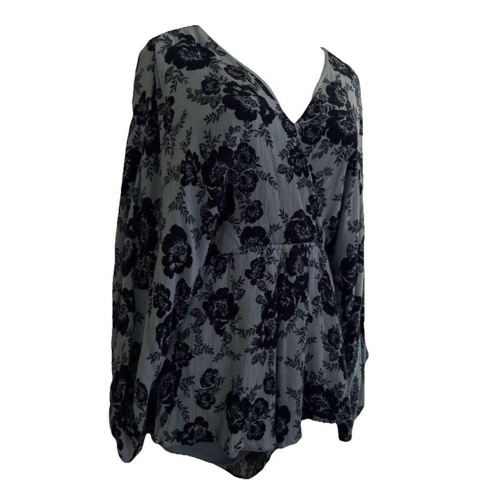 Womens Large Boho Romper Blue Floral Deep V-neck Dolman Sleeve Keyhole Button - Picture 8 of 16